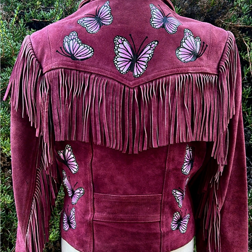Vintage Wilson’s Leather Suede Fringe Dusty Rose Jacket with Pink Butterflies